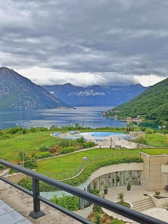 Infinity pool and garden above the Bay of Kotor